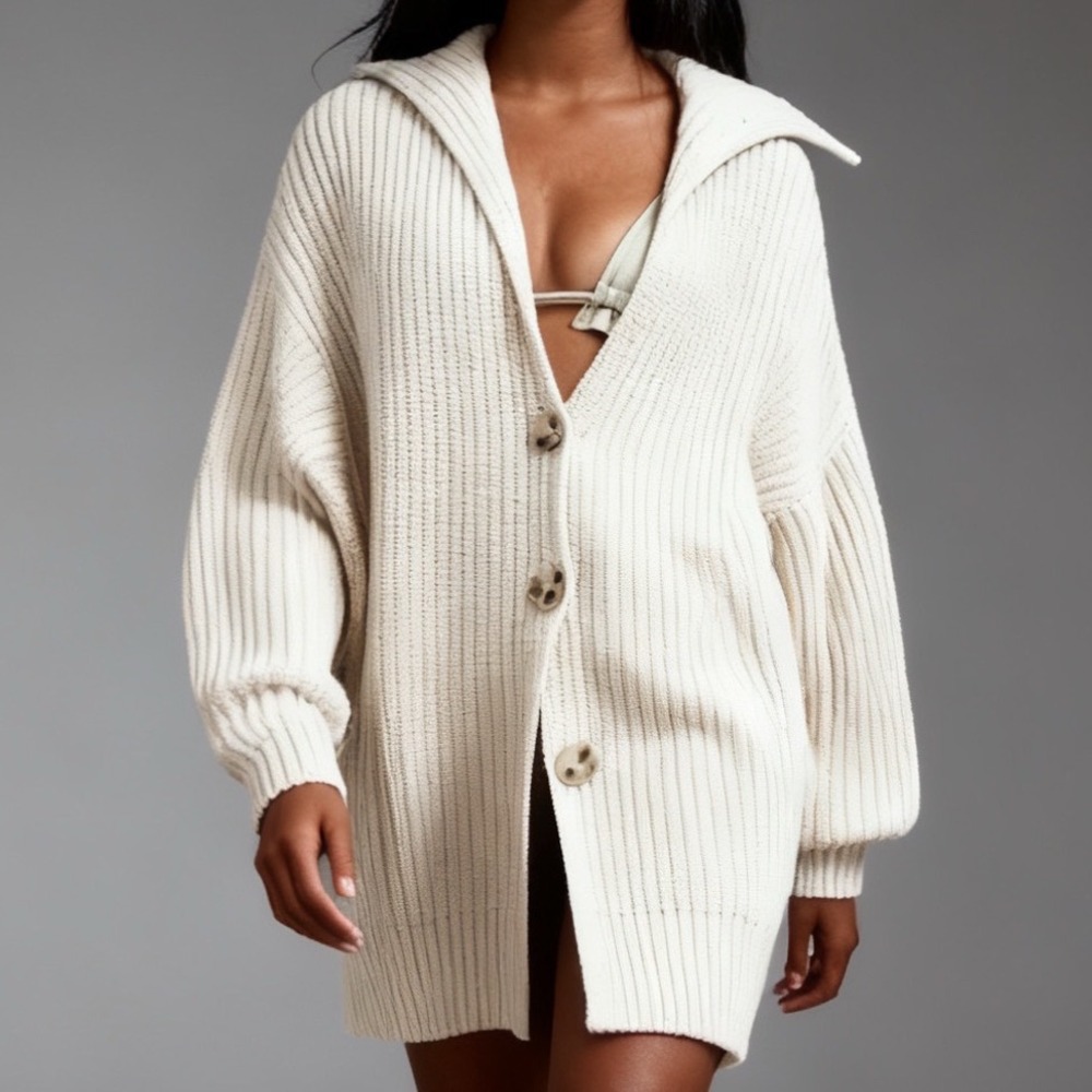 Free People Cream Ribbed Wide Collar Oversized Cardigan XL